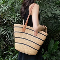 Striped Pattern Shoulder Straw Bag Summer Woven Tote Bag