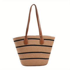 Striped Pattern Shoulder Straw Bag Summer Woven Tote Bag