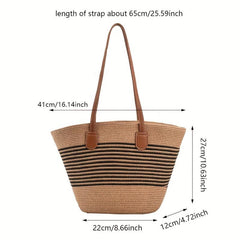 Striped Pattern Shoulder Straw Bag Summer Woven Tote Bag