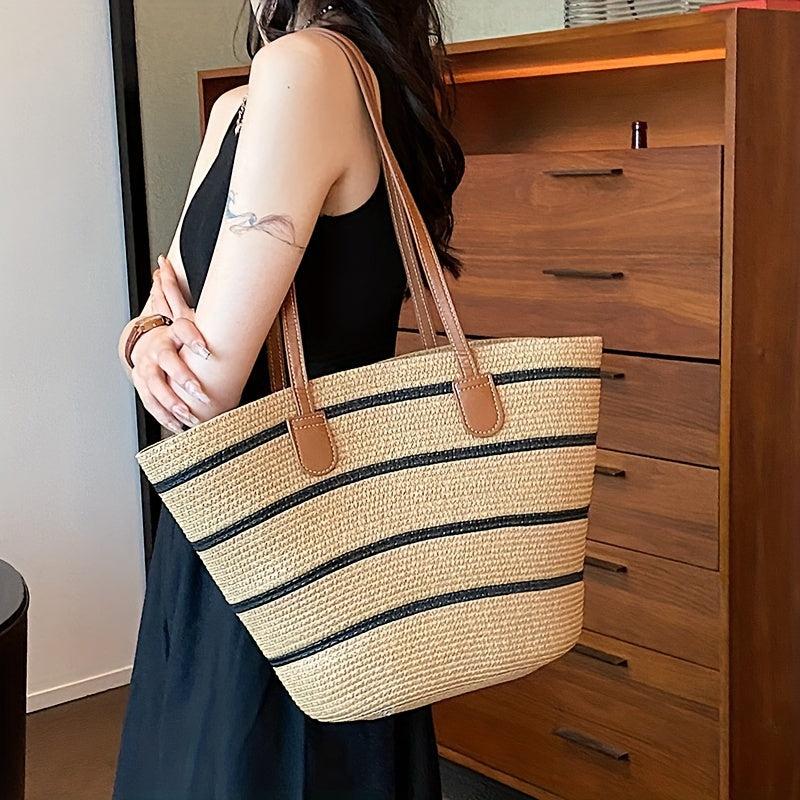 Striped Pattern Shoulder Straw Bag Summer Woven Tote Bag