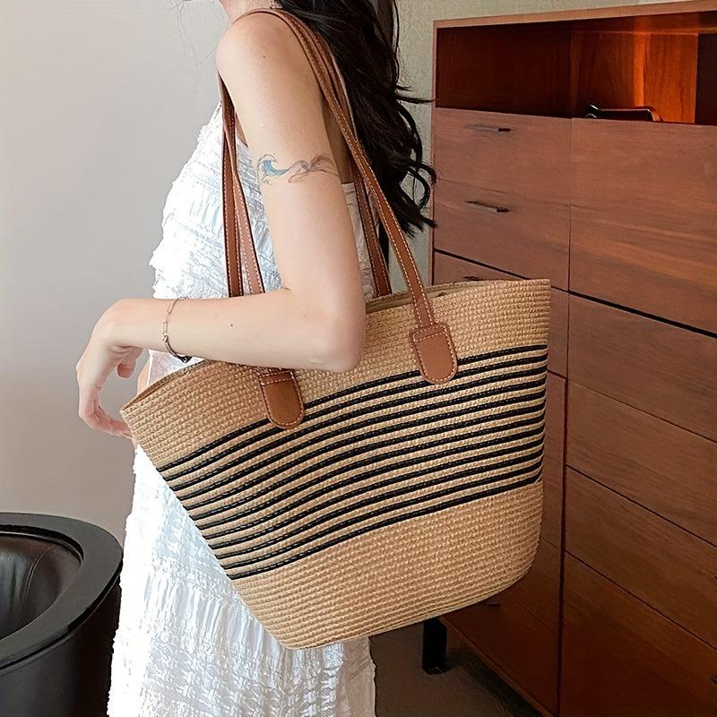 Striped Pattern Shoulder Straw Bag Summer Woven Tote Bag
