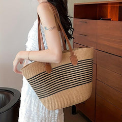 Striped Pattern Shoulder Straw Bag Summer Woven Tote Bag