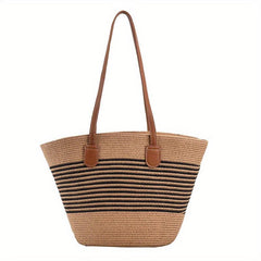 Striped Pattern Shoulder Straw Bag Summer Woven Tote Bag
