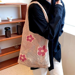 Floral Pattern Crochet Bag Hollow Out Knitted Tote Bag