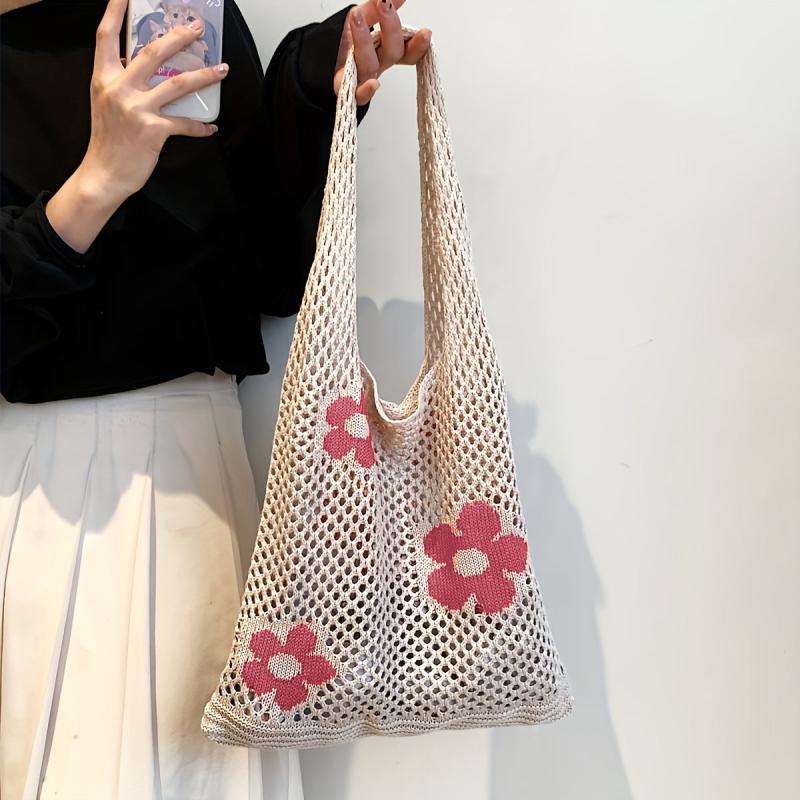 Floral Pattern Crochet Bag Hollow Out Knitted Tote Bag