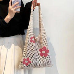 Floral Pattern Crochet Bag Hollow Out Knitted Tote Bag