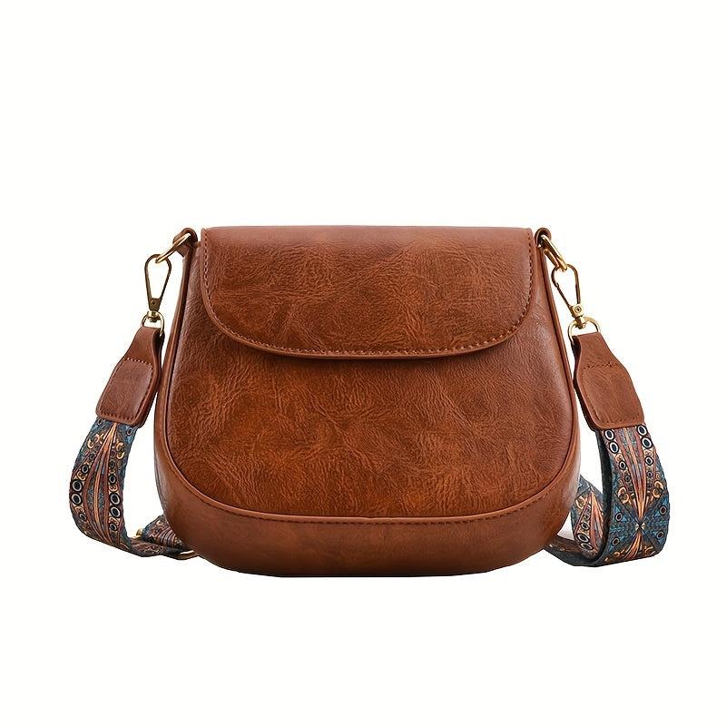Vintage Solid Saddle Bag Minimalist Shoulder Bag Retro Pattern Strap