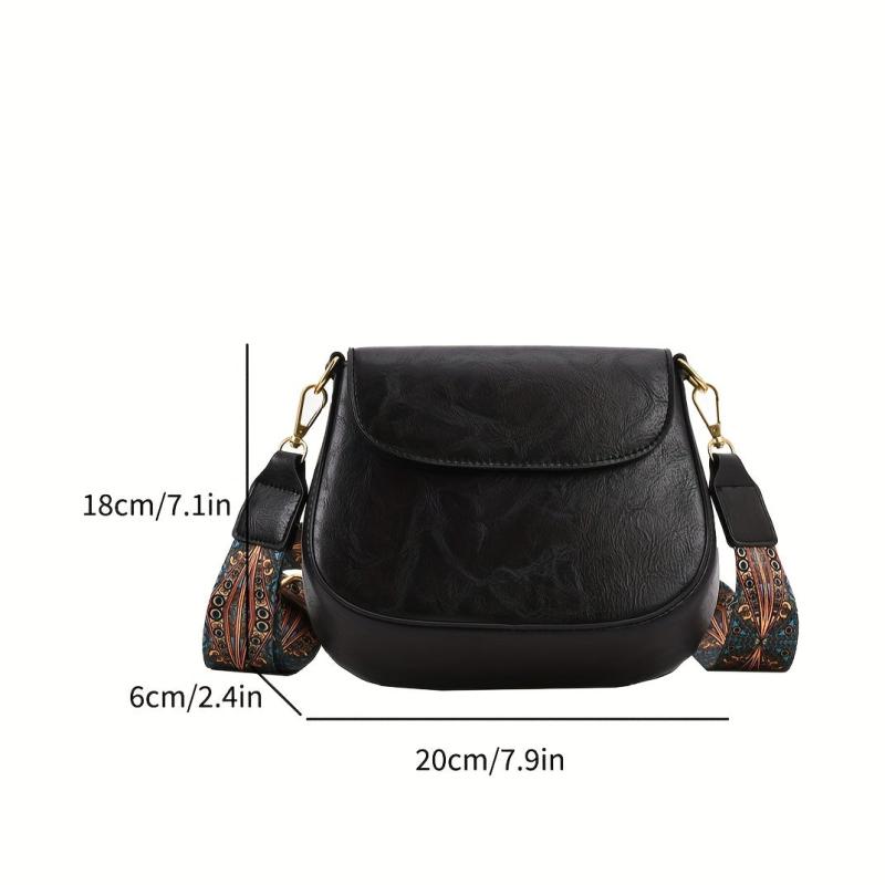 Vintage Solid Saddle Bag Minimalist Shoulder Bag Retro Pattern Strap