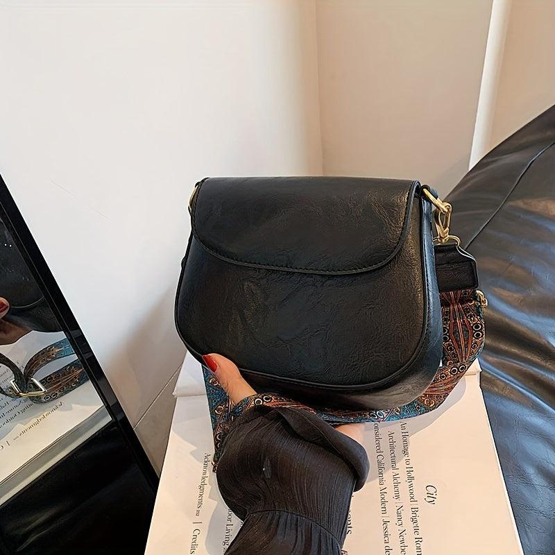 Vintage Solid Saddle Bag Minimalist Shoulder Bag Retro Pattern Strap