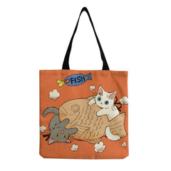 Cartoon Cat Print Canvas Bag Lightweight Shoulder Shopper Bag
