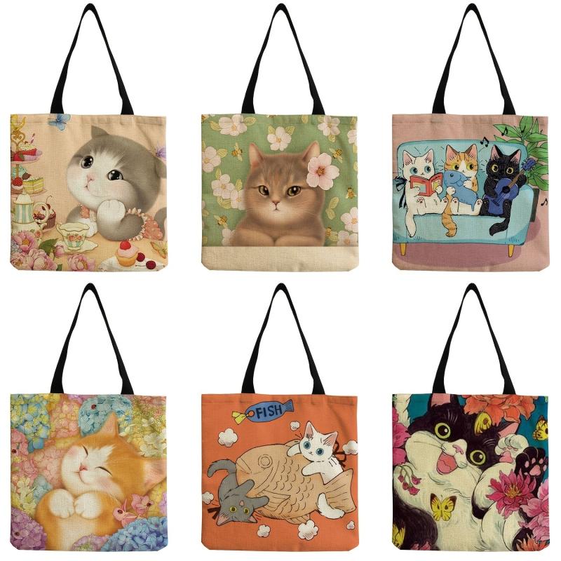 Cartoon Cat Print Canvas Bag Lightweight Shoulder Shopper Bag