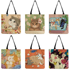Cartoon Cat Print Canvas Bag Lightweight Shoulder Shopper Bag