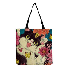 Cartoon Cat Print Canvas Bag Lightweight Shoulder Shopper Bag