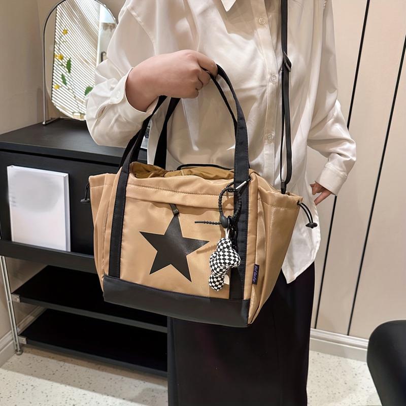 Colorblock Shoulder Bag Drawstring Handbag for School