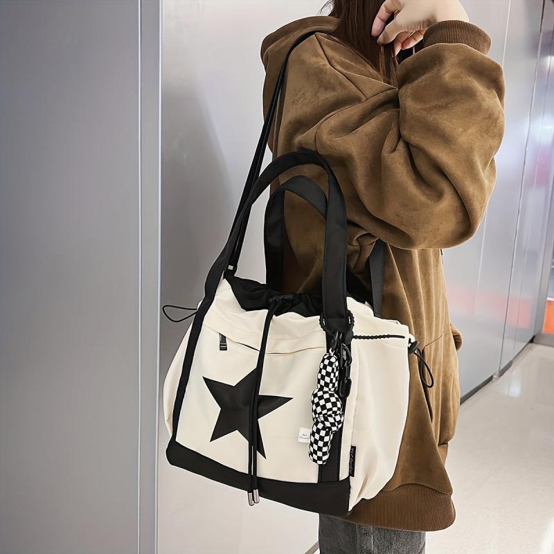 Colorblock Shoulder Bag Drawstring Handbag for School