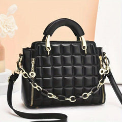 Plaid Embossed Handbag Chain Decor Crossbody Bag Top Handle PU Purse