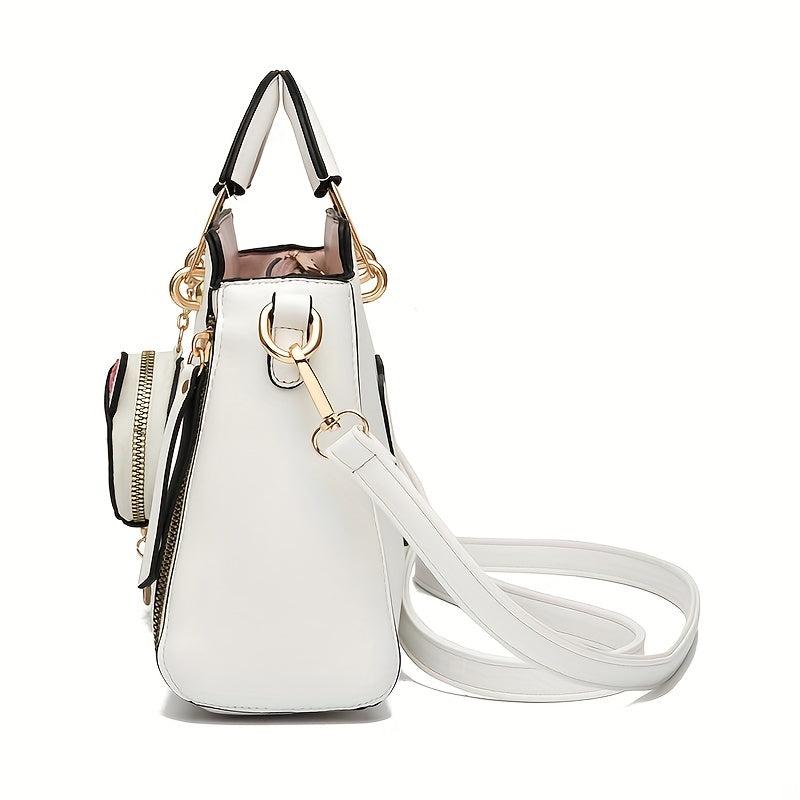 Plaid Embossed Handbag Chain Decor Crossbody Bag Top Handle PU Purse