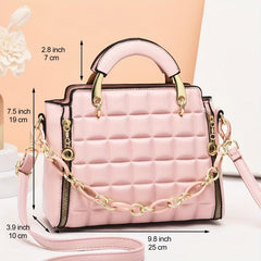 Plaid Embossed Handbag Chain Decor Crossbody Bag Top Handle PU Purse