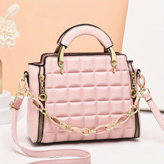 Plaid Embossed Handbag Chain Decor Crossbody Bag Top Handle PU Purse