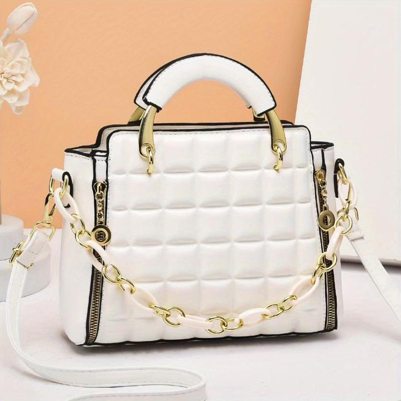 Plaid Embossed Handbag Chain Decor Crossbody Bag Top Handle PU Purse