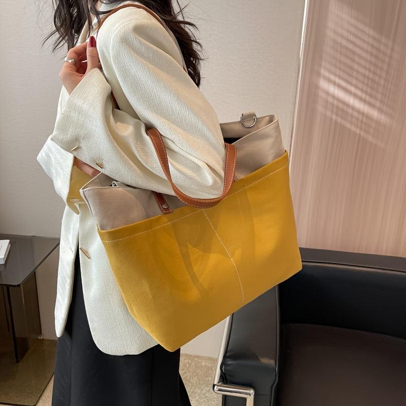 Stylish Colorblock Tote Bag with Front Pocket for Women