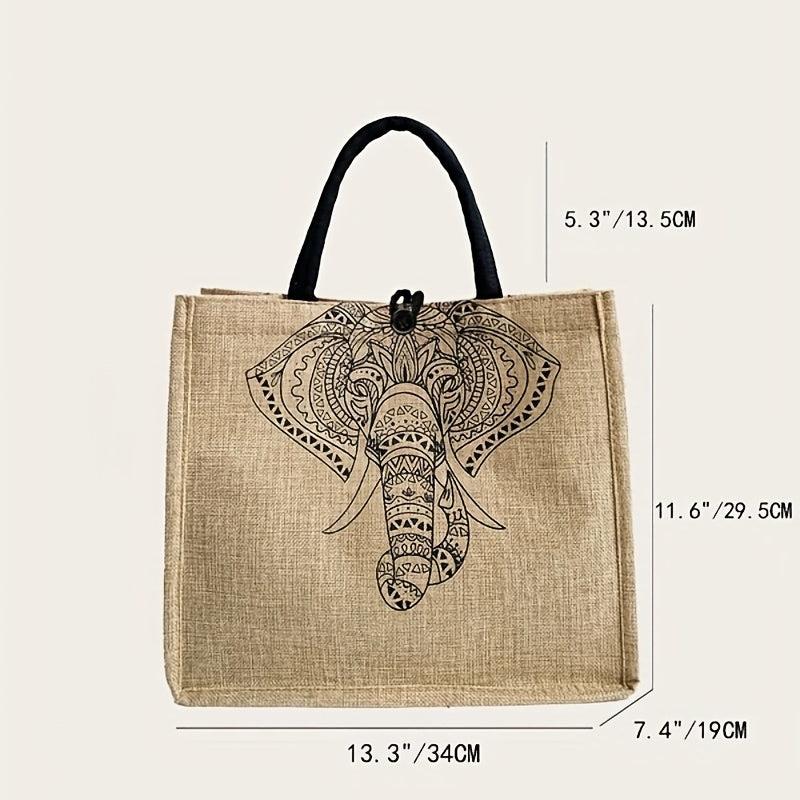 Elephant Print Jute Grocery Bag Large Capacity Square Gunny Bag Button Closure