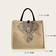 Elephant Print Jute Grocery Bag Large Capacity Square Gunny Bag Button Closure