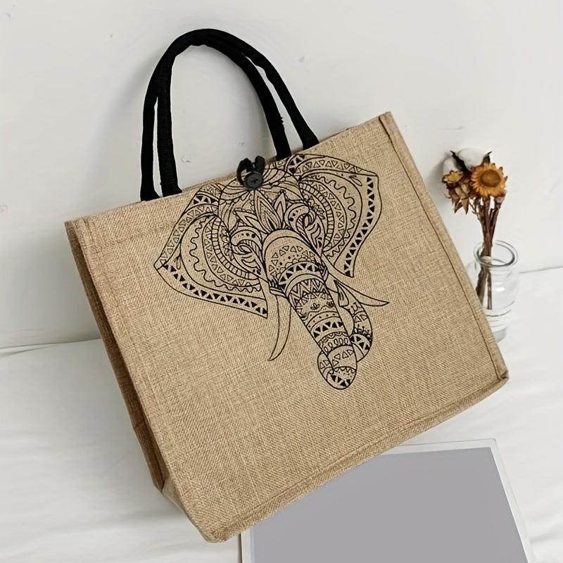 Elephant Print Jute Grocery Bag Large Capacity Square Gunny Bag Button Closure