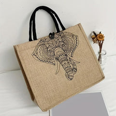 Elephant Print Jute Grocery Bag Large Capacity Square Gunny Bag Button Closure