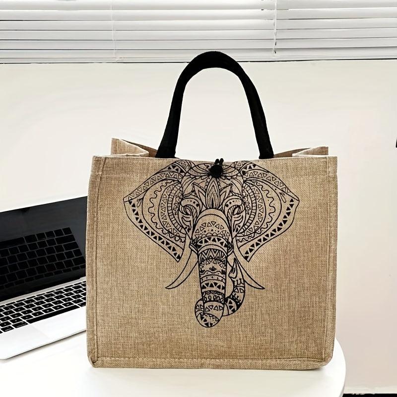 Elephant Print Jute Grocery Bag Large Capacity Square Gunny Bag Button Closure