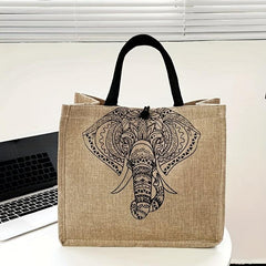 Elephant Print Jute Grocery Bag Large Capacity Square Gunny Bag Button Closure