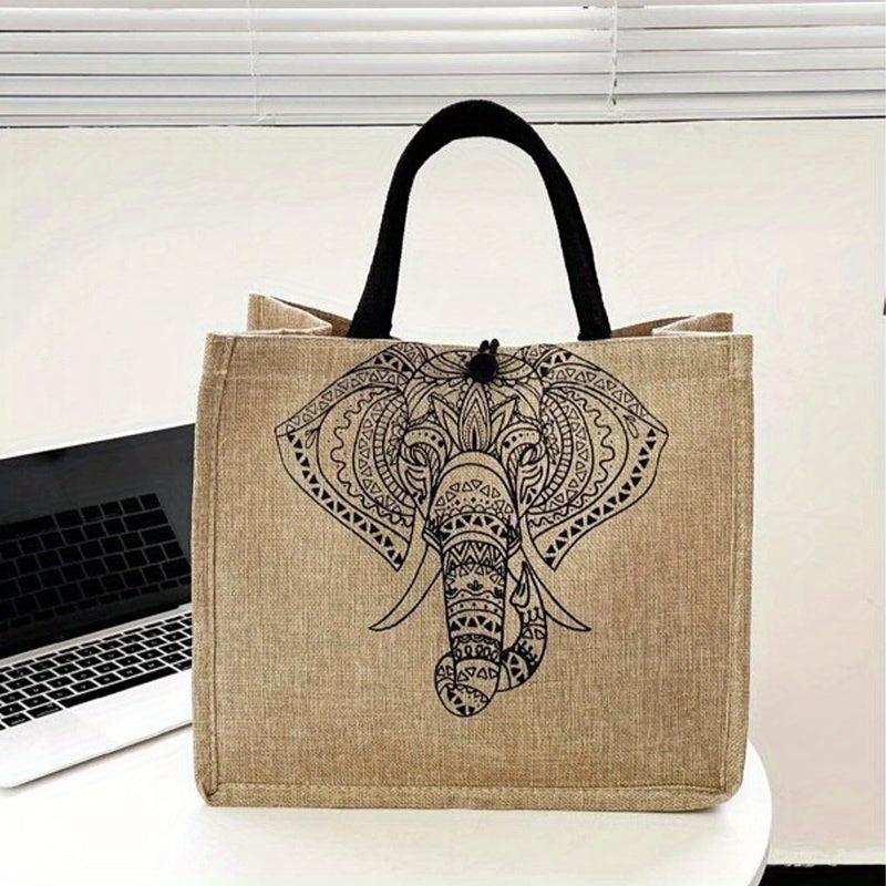 Elephant Print Jute Grocery Bag Large Capacity Square Gunny Bag Button Closure