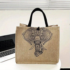 Elephant Print Jute Grocery Bag Large Capacity Square Gunny Bag Button Closure