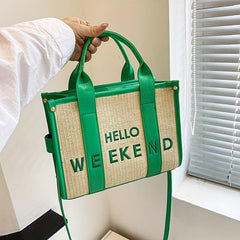 Letter Pattern Straw Tote Bag Zipper Crossbody Bag