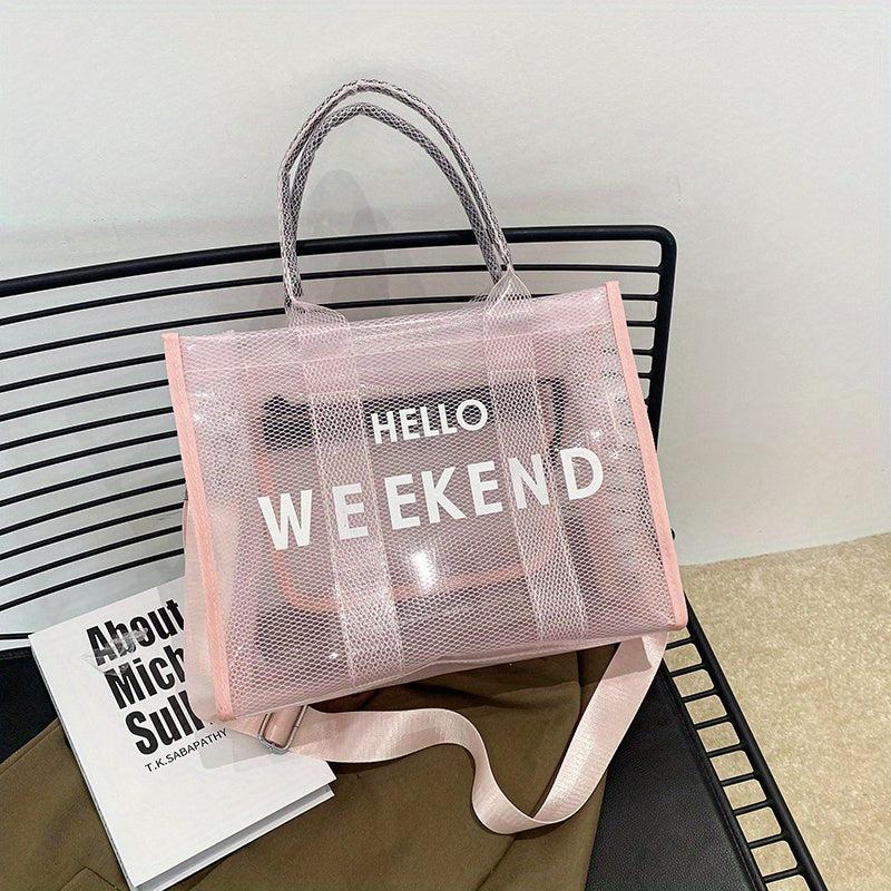 Large Capacity Transparent Tote Bag with Letter Print Shoulder Strap