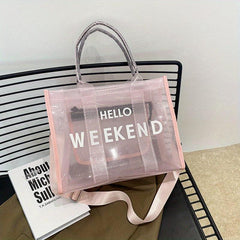 Large Capacity Transparent Tote Bag with Letter Print Shoulder Strap
