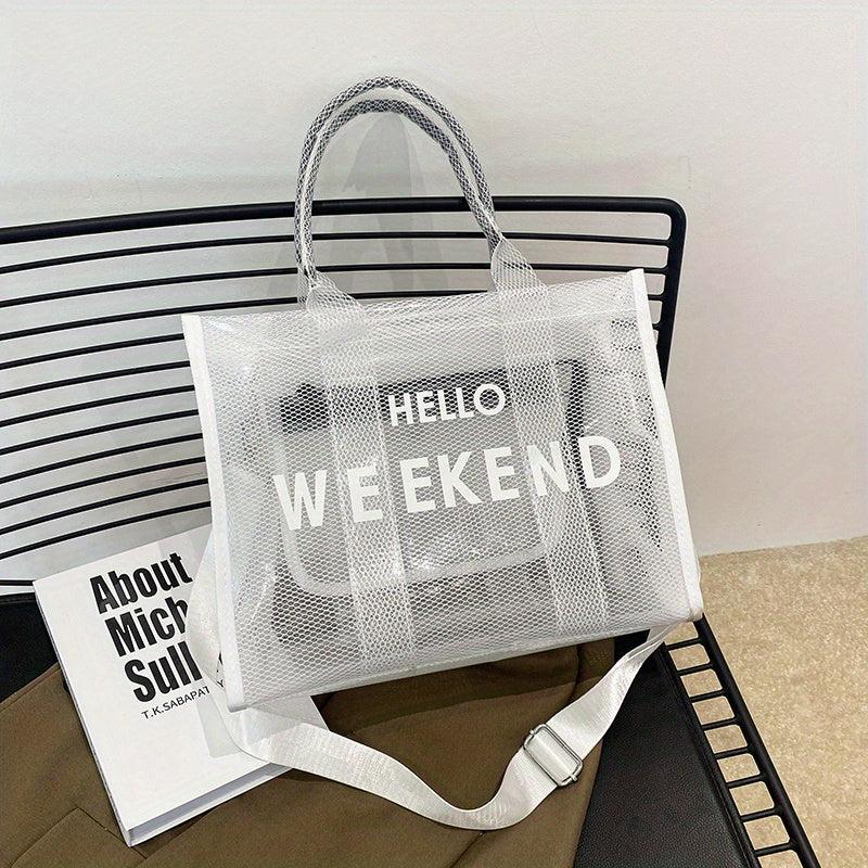 Large Capacity Transparent Tote Bag with Letter Print Shoulder Strap