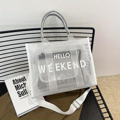 Large Capacity Transparent Tote Bag with Letter Print Shoulder Strap