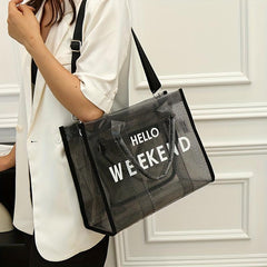 Large Capacity Transparent Tote Bag with Letter Print Shoulder Strap