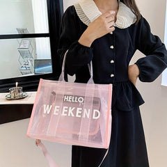 Large Capacity Transparent Tote Bag with Letter Print Shoulder Strap