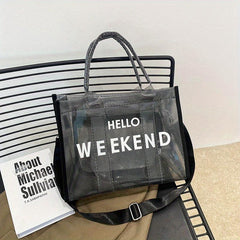 Large Capacity Transparent Tote Bag with Letter Print Shoulder Strap