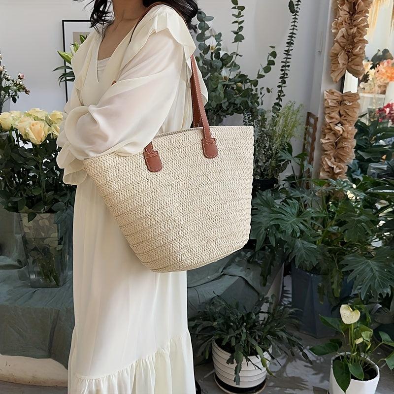 Straw Woven Tote Bag with Bamboo Handle Beach Bag Boho Style Handbag