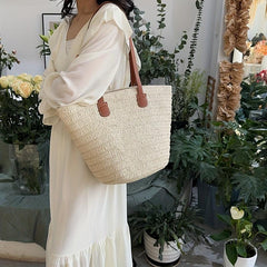 Straw Woven Tote Bag with Bamboo Handle Beach Bag Boho Style Handbag