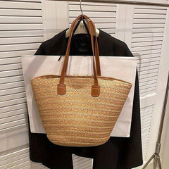 Straw Woven Tote Bag with Bamboo Handle Beach Bag Boho Style Handbag