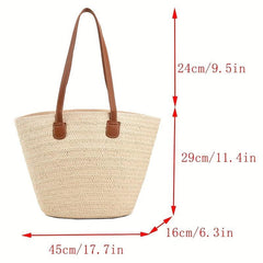 Straw Woven Tote Bag with Bamboo Handle Beach Bag Boho Style Handbag