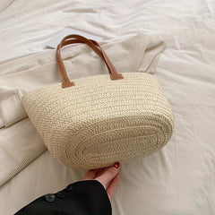 Straw Woven Tote Bag with Bamboo Handle Beach Bag Boho Style Handbag