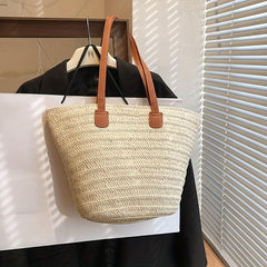 Straw Woven Tote Bag with Bamboo Handle Beach Bag Boho Style Handbag