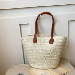 Straw Woven Tote Bag with Bamboo Handle Beach Bag Boho Style Handbag