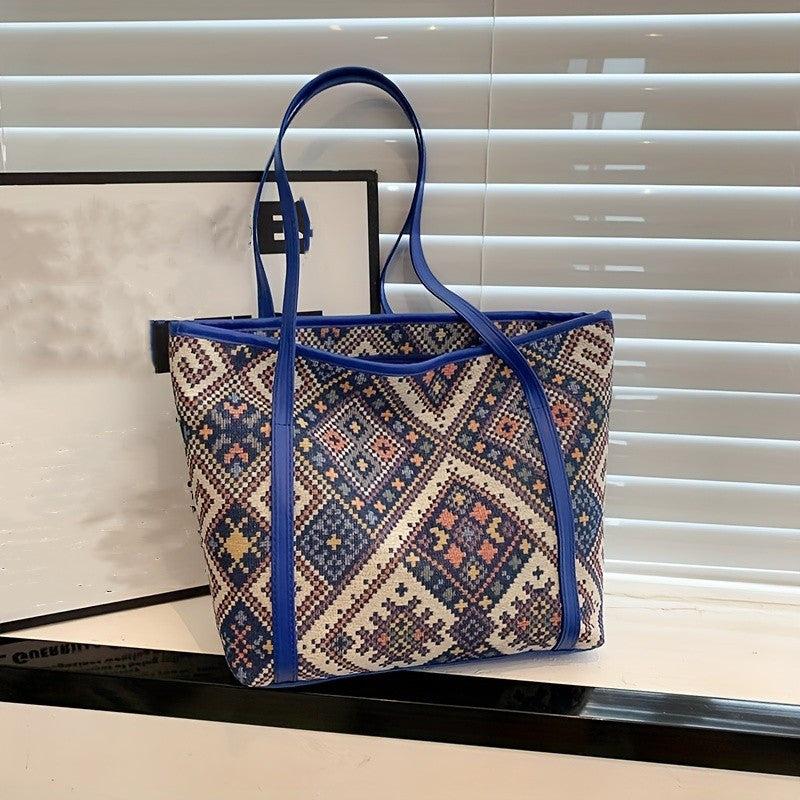 Ethnic Style Fabric Tote Bag Geometric Pattern Handbag