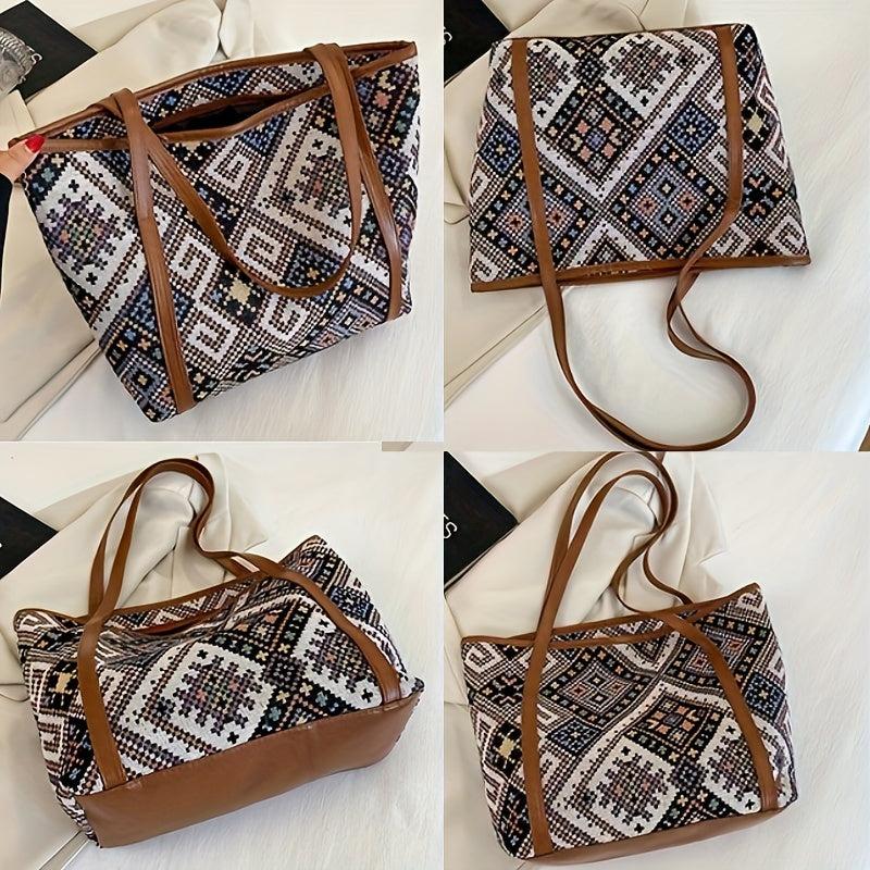 Ethnic Style Fabric Tote Bag Geometric Pattern Handbag